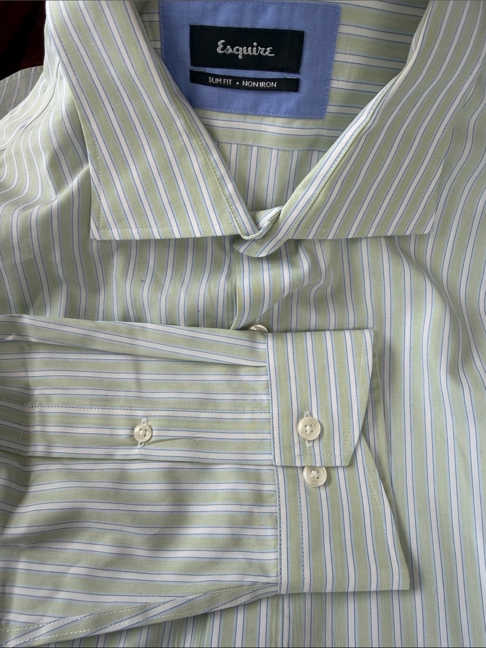 Esquire slim-non-iron long-sleeve dress shirt green white striped 17,5 34/35